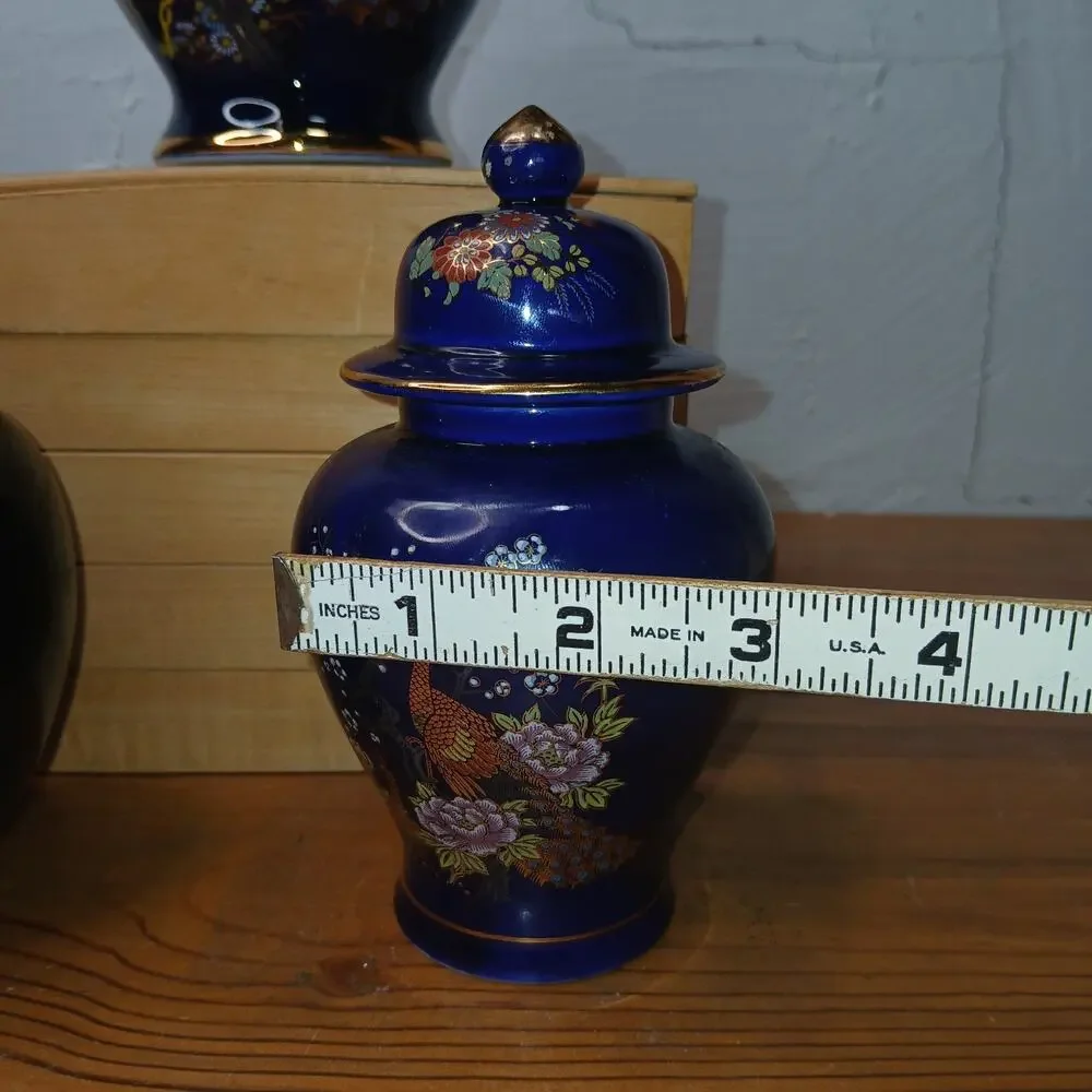 3 Cobalt Blue Vase Ginger Jar with Lid Floral Peacock Asian Decor Accent #54